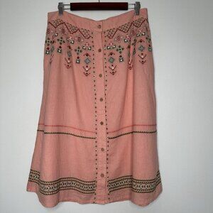 Denim & Co Canyon Retreat Oasis Midi Skirt Medium Linen Embroidered